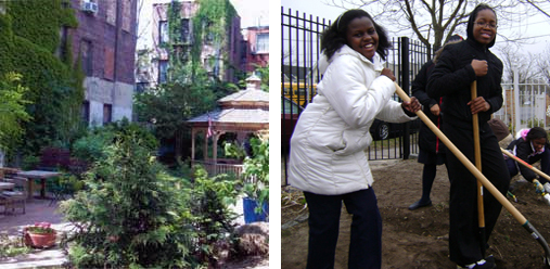 Left: All People’s Garden in the Lower East Side, where project organizers hope to remove cement, debris and replant trees and shrubs. Right: A project in the Rockaways seeks ioby support to design and construct rainwater catchment systems and educate volunteers about stormwater management.