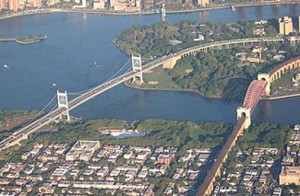 Looking north towards Wards Island (top) along the Triborough Bridge (left) and the Hell Gate Bridge (right). This southern tip of the island is slated for a "Renewable Energy Park"