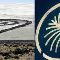 Smithson’s “Spiral Jetty” and one of Dubai’s Palm Islands in construction