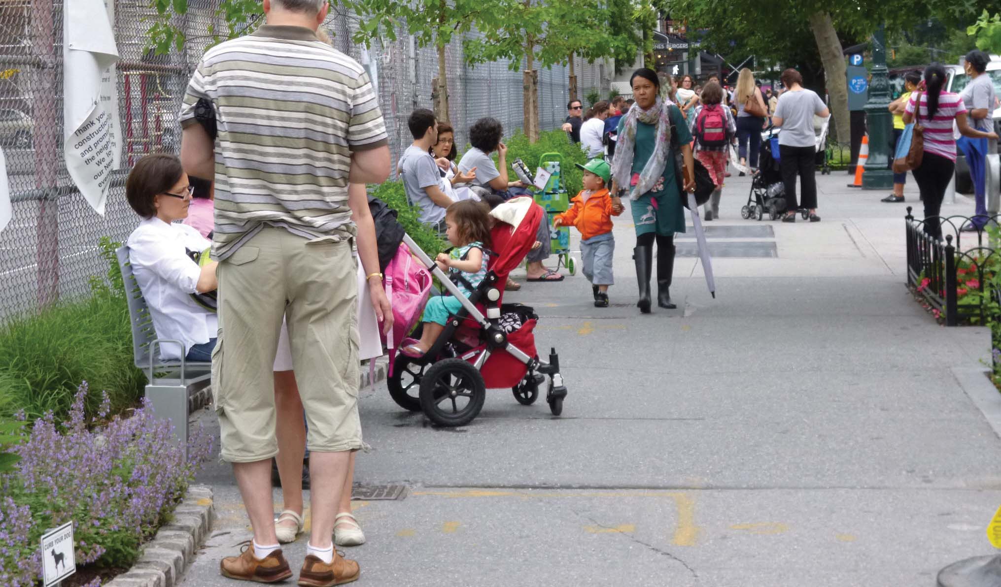 This stretch of Columbus Avenue between 76th and 77th in Manhattan was recently re-designed to foster community and green space (Photo courtesy of Street Design Manual 2013)