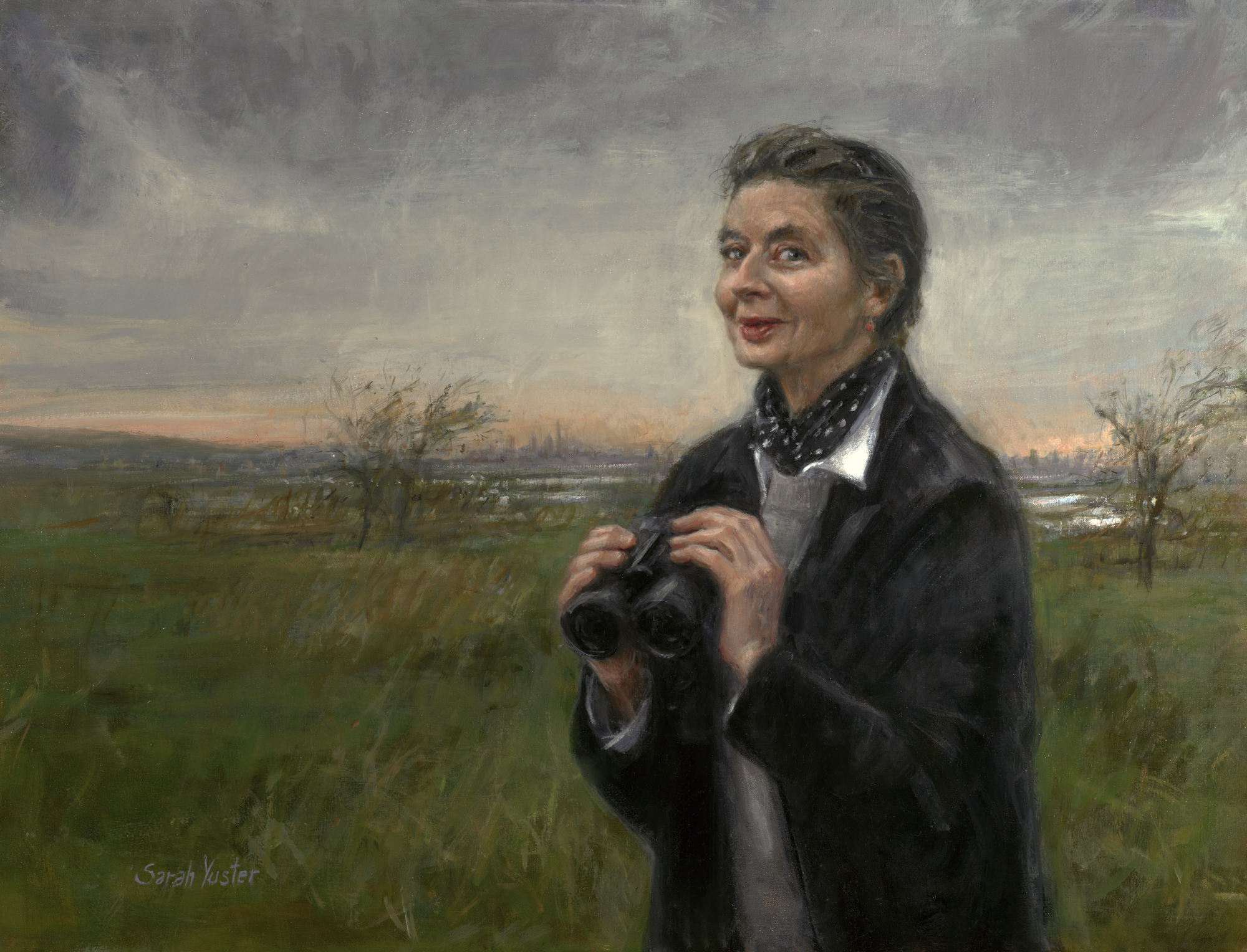 Isabella Rossellini at Freshkills Park oil on canvas 34” x 26” Isabella Rossellini came to Freshkills Park on Staten Island late in the afternoon for an ornithological presentation. Renowned for her jewel-like beauty, acting, and notable lineage (her mother is Swedish film star Ingrid Bergman, father Italian filmmaker Roberto Rossellini), she has a background in environmental studies and animal behavior. She also runs a farm on Long Island. It was a pleasure and privilege to paint Rossellini. Her exquisite face has been ceaselessly celebrated, monetized and photographed for most of her life. Here though, she engages with the viewer in a light moment before peering through another set of lenses to observe wildlife.
