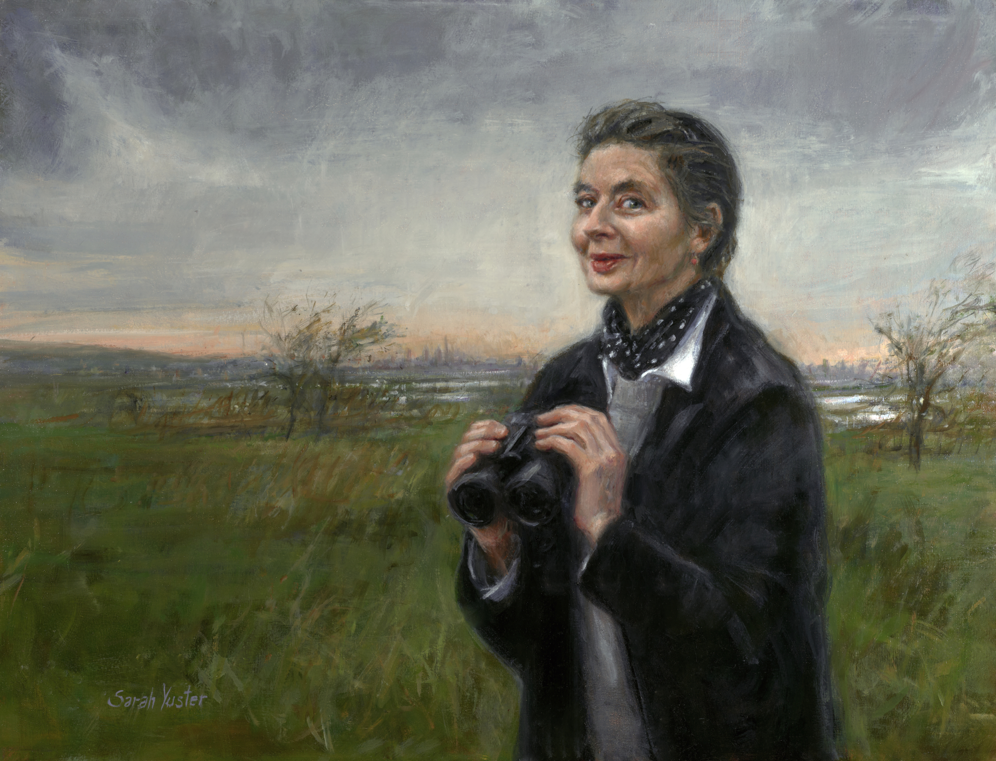 Isabella Rossellini at Freshkills Parkoil on canvas 34” x 26” Isabella Rossellini came to Freshkills Park on Staten Island late in the afternoon for an ornithological presentation. Renowned for her jewel-like beauty, acting, and notable lineage (her mother is Swedish film star Ingrid Bergman, father Italian filmmaker Roberto Rossellini), she has a background in environmental studies and animal behavior. Her wonderful, humorous educational series called Green Porno was a major hit; she also runs a farm on Long Island. It was a pleasure and privilege to paint Rossellini. Her exquisite face has been ceaselessly celebrated, monetized and photographed for most of her life. Here though, she engages with the viewer in a light moment before peering through another set of lenses to observe wildlife.